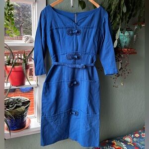 Vintage 1950s Blue Dress with Belt & Beaded Details